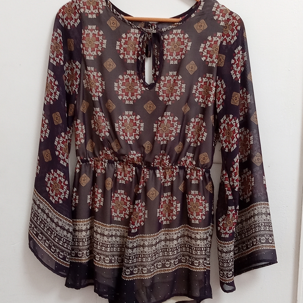 Audrey 3+1 Ethnic Patterned Blouse in Brown and Cream